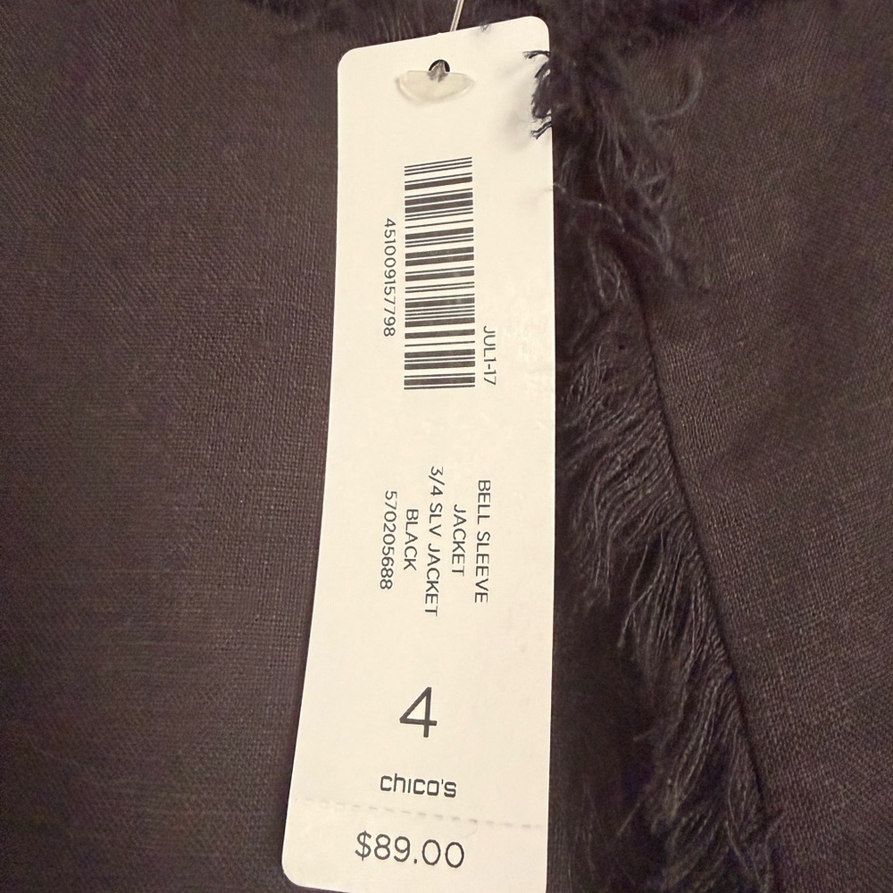 Chico's Linen Black Fringe Trim Bell-Sleeve Jacket - Picture 3 of 16